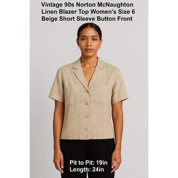 Vintage 90s Norton McNaughton Linen Button Up Women’s Size 6 Beige Short Sleeve - Picture 1 of 4